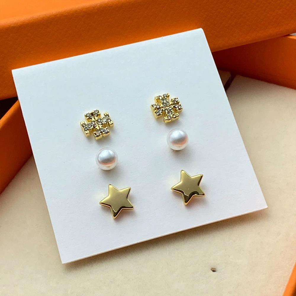 Tory Burch 3Pcs Gold Plated Double Inlay Rhinestone Pearl Set
